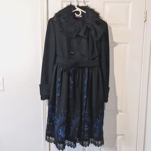 Rose Melody Lolita black winter coat with blue embroidery